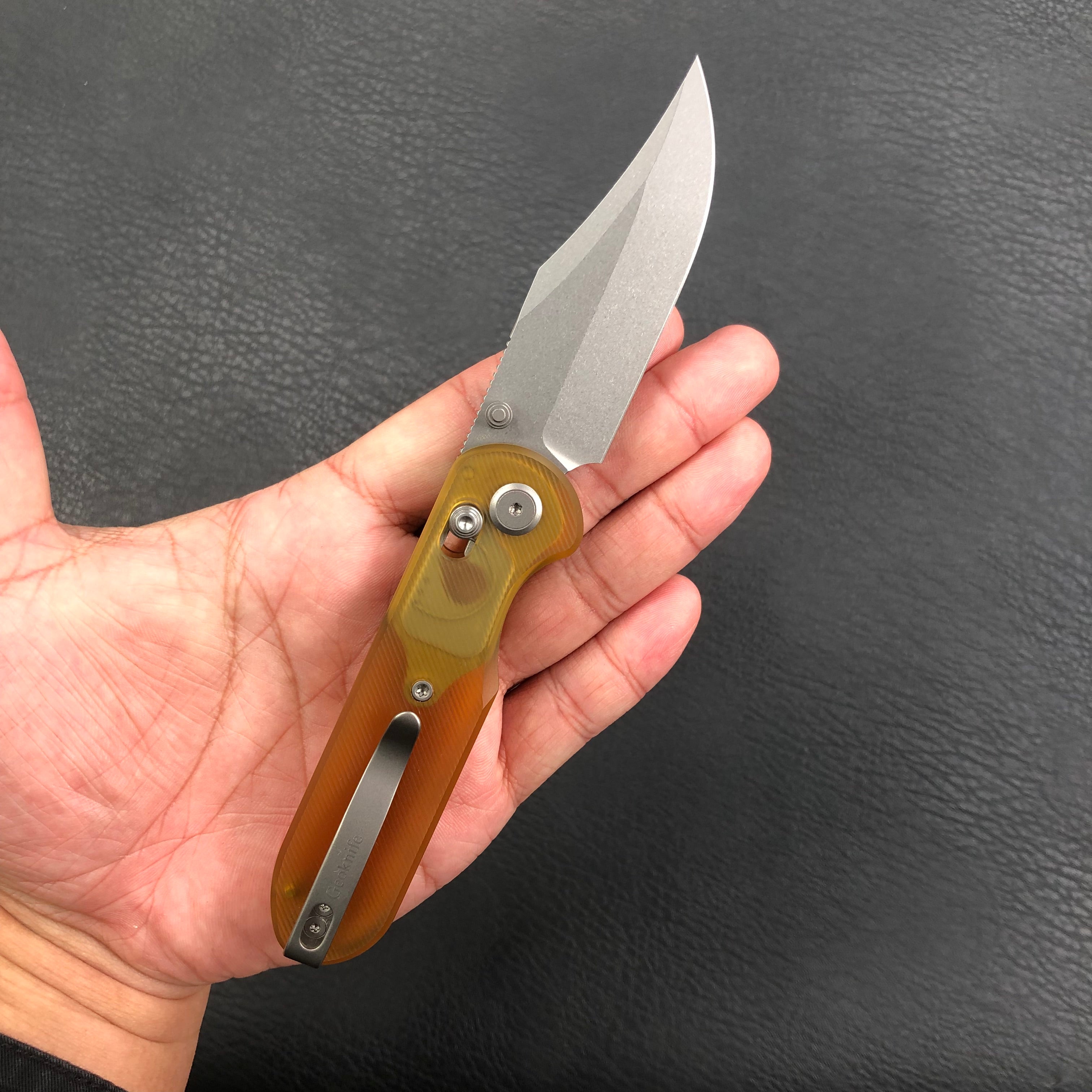 Geo knife Ethereal Cutter Axis lock Folding Knife Ultem Handle 3.03" Stonewash Bohler M390 Blade GEO2405A