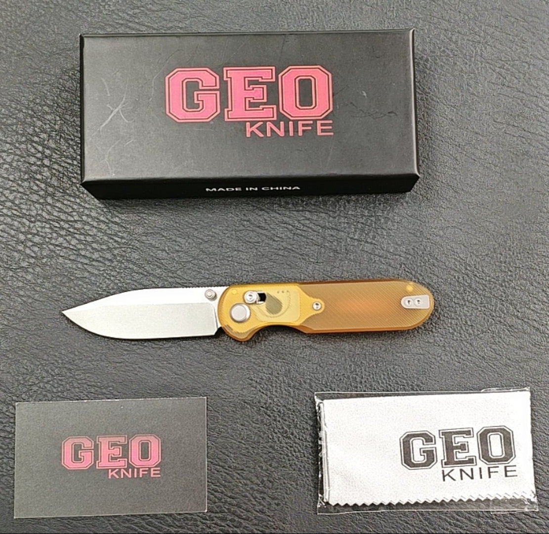 (Pre-order) : Geo knife Ethereal Cutter Axis lock Folding Knife Ultem Handle 3.03" Stonewash Bohler M390 Blade GEO2402E